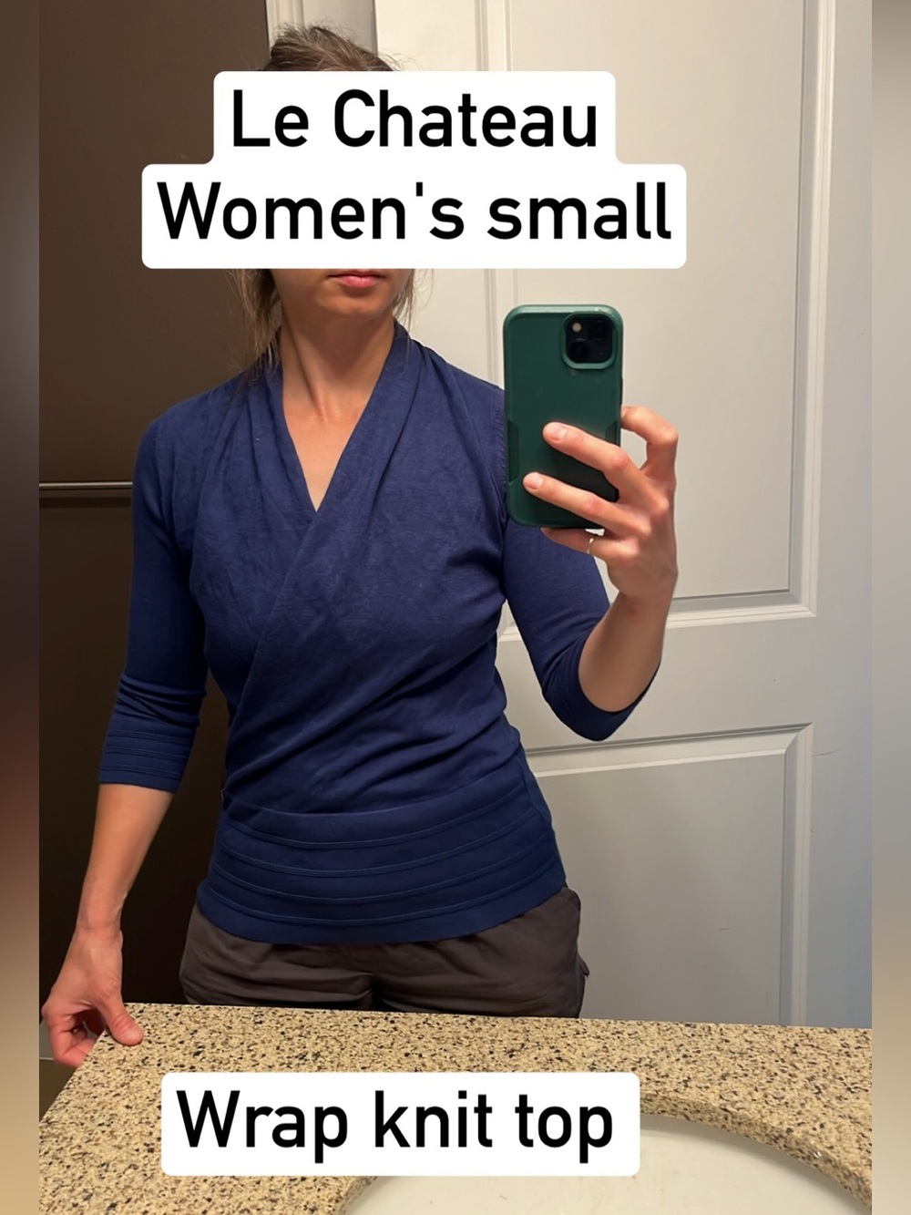 le chateau Small Blue Wrap-Style Knit sweater. 3/4 sleeves.